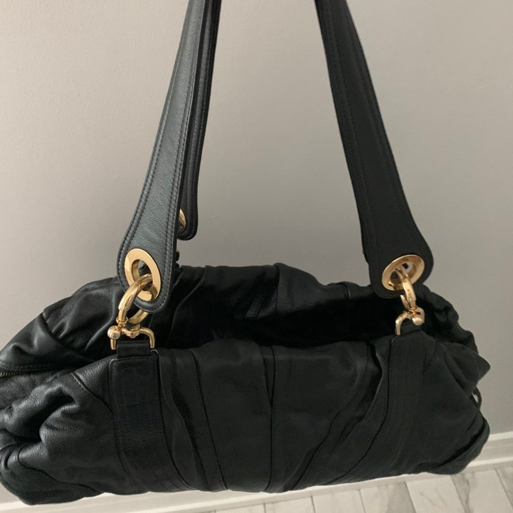 GOLDENBLEU Black Leather Large Shoulder Bag